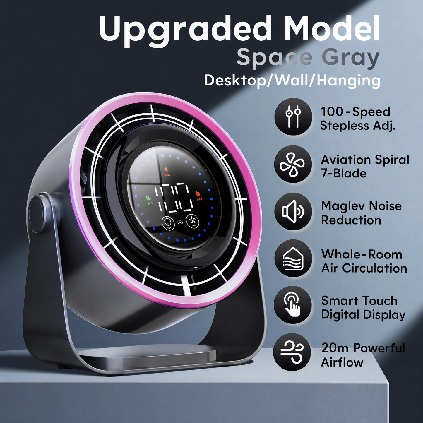 Quiet Desk Fan with Digital Display — 100-Speed USB Rechargeable Fan for Office, Bedroom & Dorm | Up to 6 Hours Battery Life