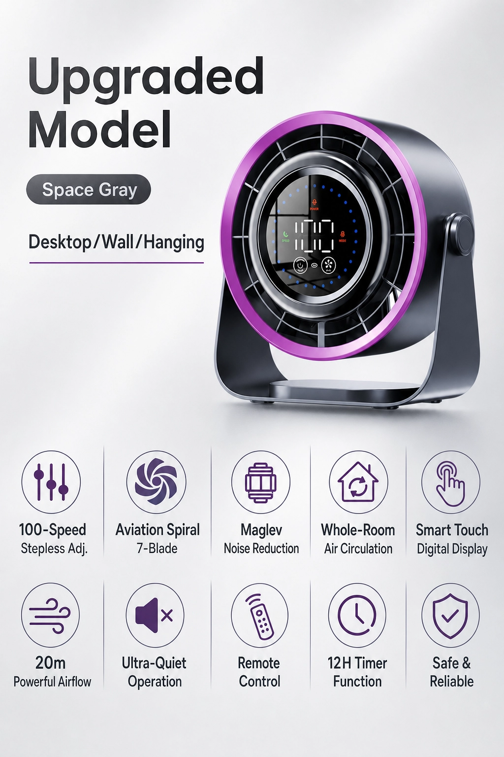 Quiet Desk Fan with Digital Display — 100-Speed USB Rechargeable Fan for Office, Bedroom & Dorm | Up to 6 Hours Battery Life